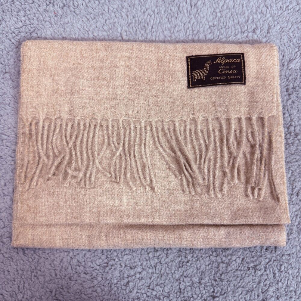 100% ALPACA Wrap Shawl Scarf Beige Khaki 30 x 11 Fringe